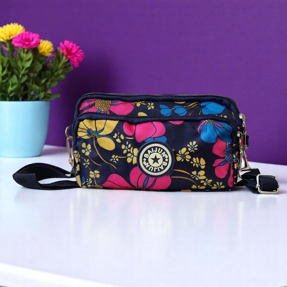 🆕 Colorful Floral Nylon Summer Crossbody Mini Belt Bag | 3 Zippered Pockets - Picture 1 of 12